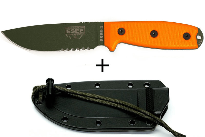 Couteau Esee 4 ESEE-4S-OD lame semi-dentée acier carbone vert 11,6cm manche G10 orange + étui