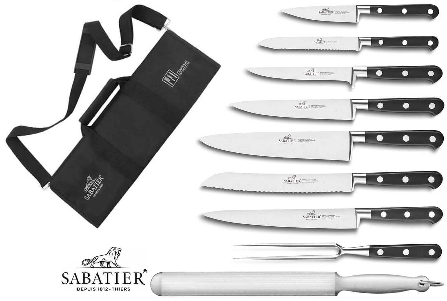 Mallette Sabatier Idéal Inox 100% forgés 7 couteaux fabrication française + 1 fourchette + 1 fusil