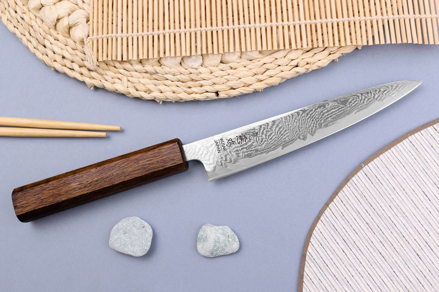 Couteau universel japonais artisanal Wusaki Unagi AUS10 Damas 15cm manche en chêne