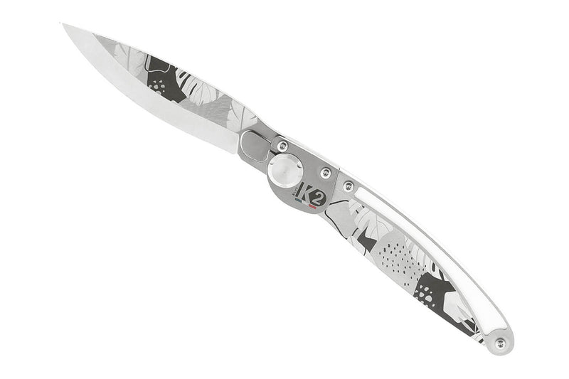 Couteau pliant K2 Elegance K2.24M manche inox décor monstera 11,5cm + étui suédine