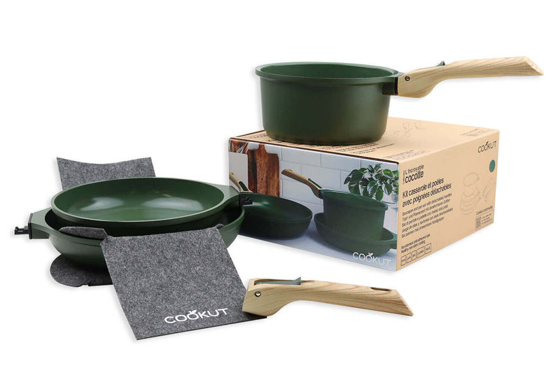L'Incroyable Kit Cookut 2 poêles et 1 casserole à poignée amovible - fougère