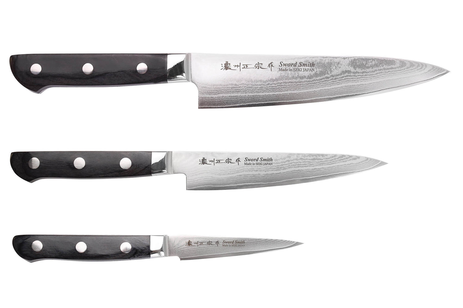 Coffret 3 couteaux japonais Satake Cutlery damas 69 couches chef + universel + office