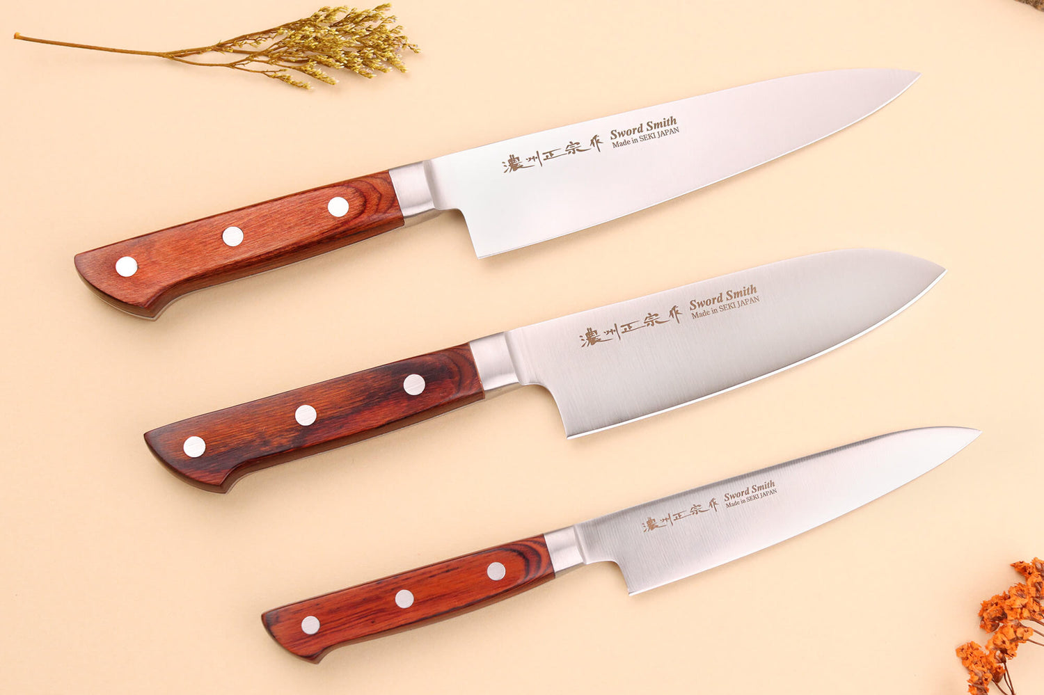 Coffret 3 couteaux japonais Satake Cutlery Brown Pakkawood chef + santoku + office