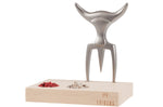 Fourchette à viande Tridens en acier inox brut avec socle en hêtre à empreinte