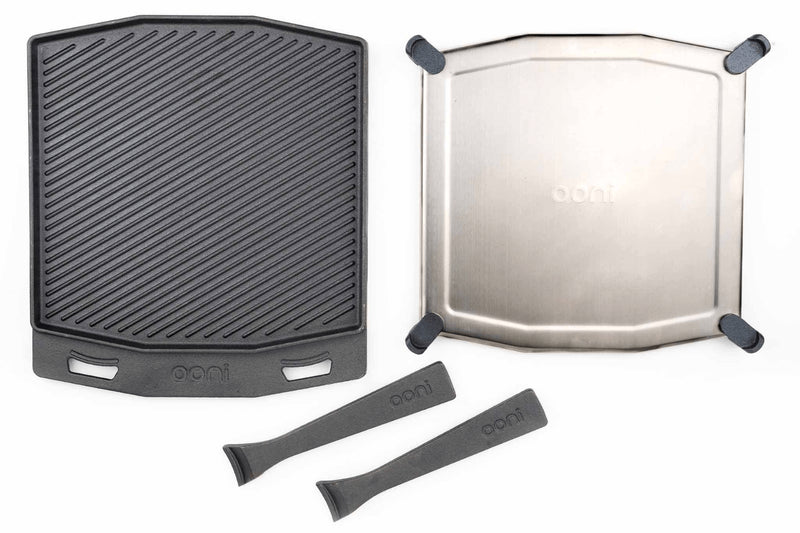Poêle à griller Ooni double face en fonte manches amovibles + dessous-de-plat inox