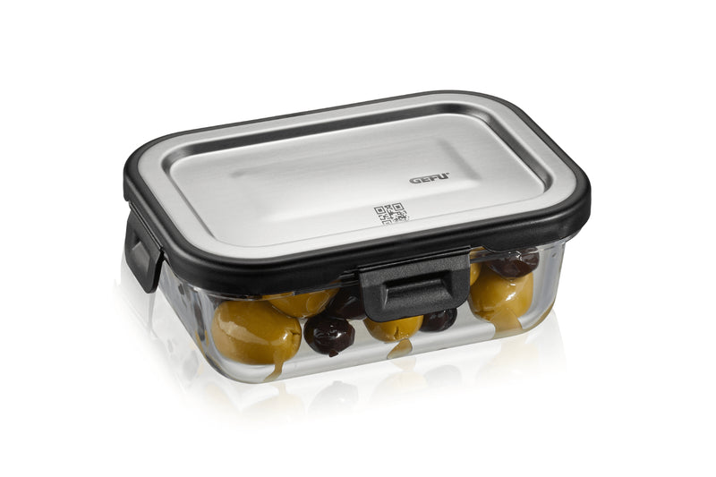 Boîte de conservation rectangulaire au frais Gefu Milo en verre borosilicaté et acier inox 400ml