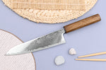 Couteau de chef japonais artisanal Wusaki Unagi AUS10 damas 18cm manche chêne