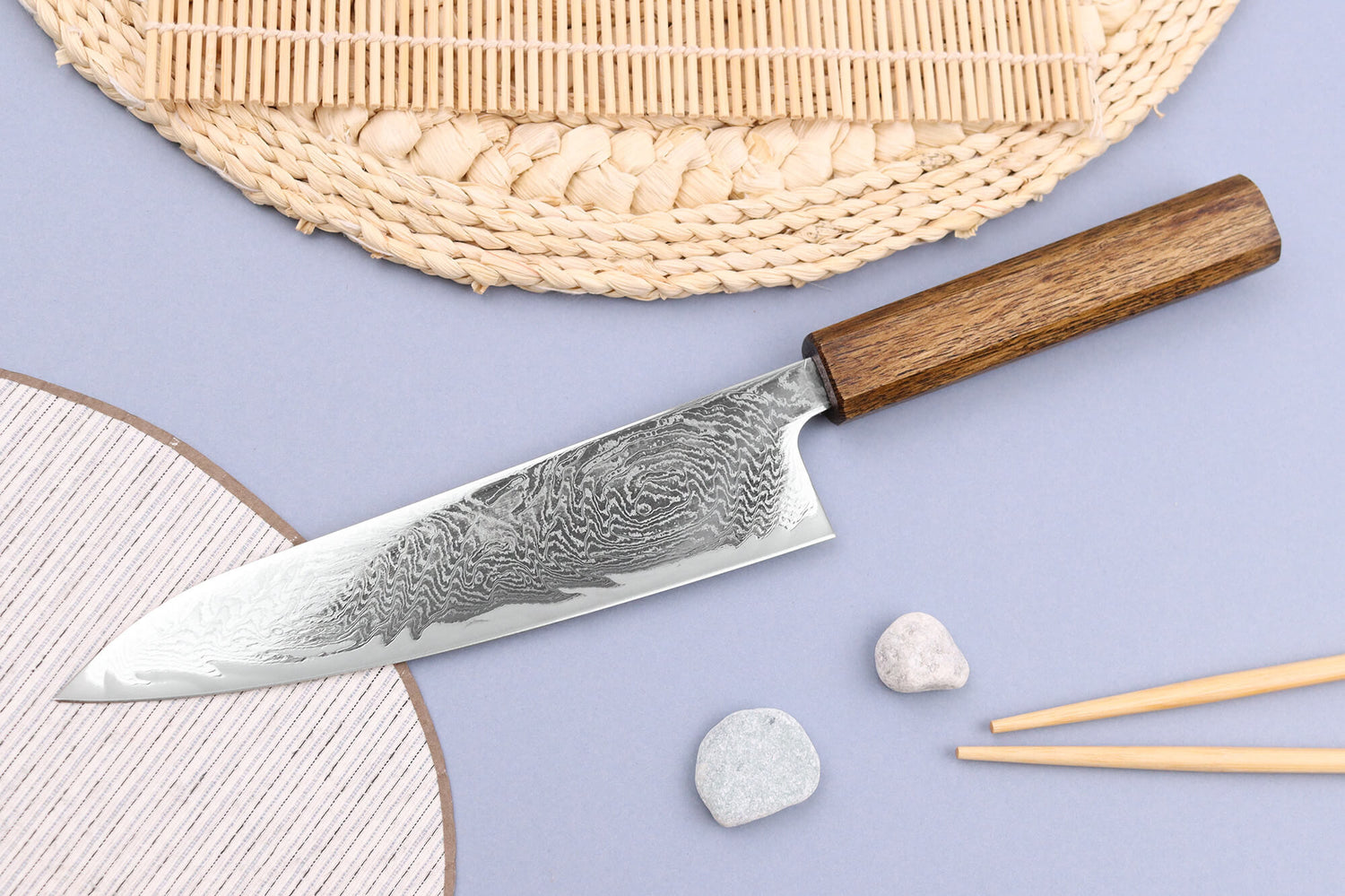 Couteau de chef japonais artisanal Wusaki Unagi AUS10 damas 18cm manche chêne