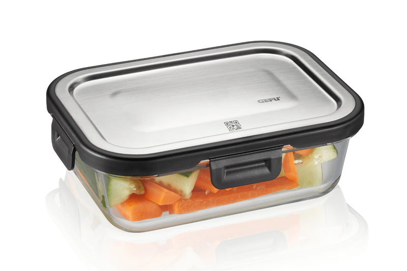 Boîte de conservation rectangulaire au frais Gefu Milo en verre borosilicaté et acier inox 600ml