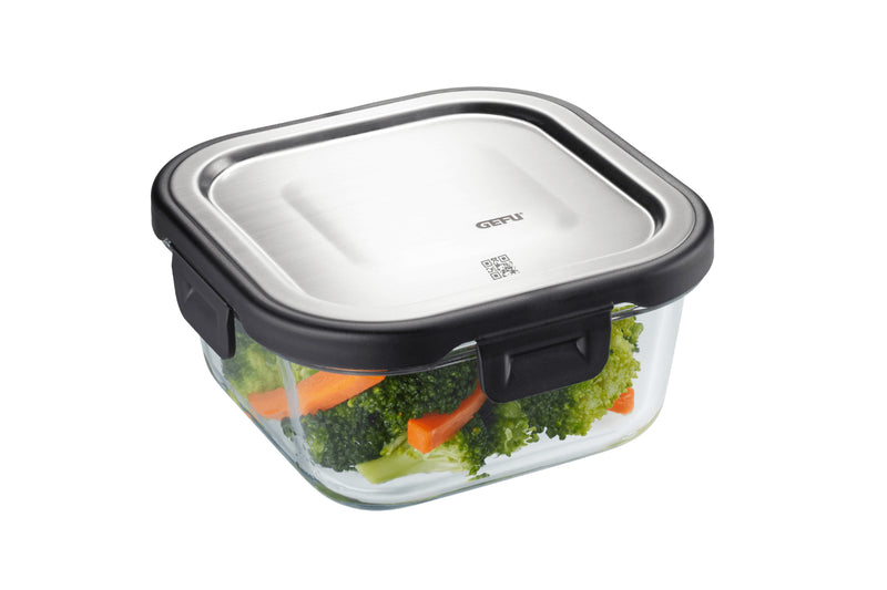 Boîte de conservation carrée au frais Gefu Milo en verre borosilicaté et acier inox 500ml