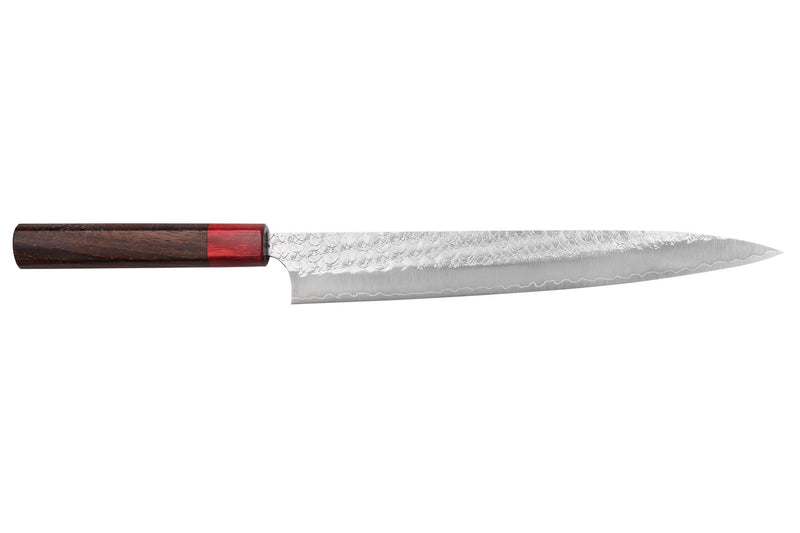 Couteau sujihiki japonais artisanal Yoshimi Kato Minamo SG2 Tsuchime 27cm
