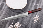 Couteau sujihiki japonais artisanal Yoshimi Kato Minamo SG2 Tsuchime 27cm