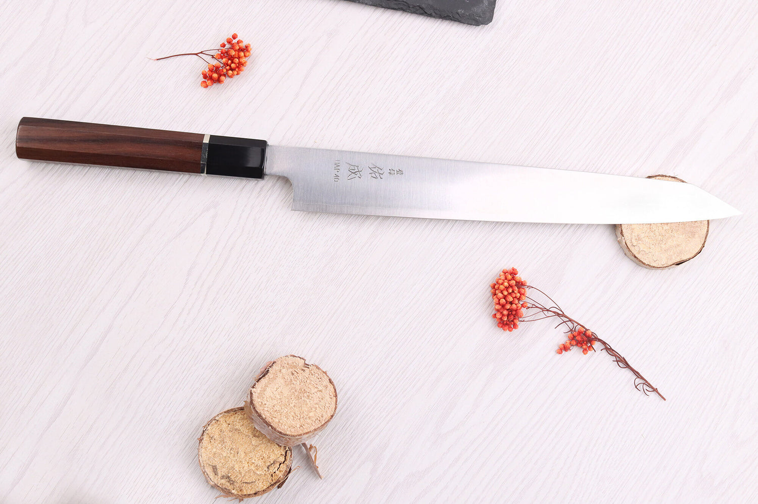 Couteau sujihiki kiritsuke 27cm japonais artisanal Sukenari HAP40 San Maï manche en bois de rose