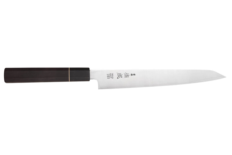 Couteau sujihiki 24cm japonais artisanal Sukenari ZDP-189 San Maï manche en ébène