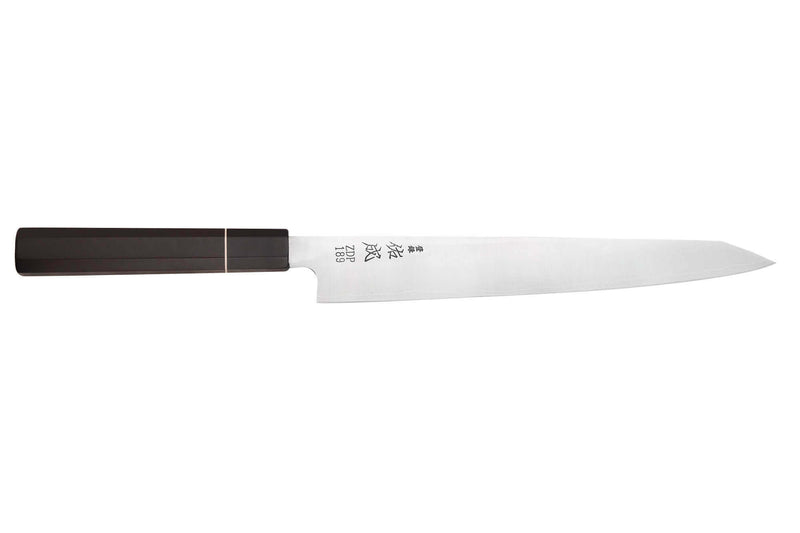 Couteau sujihiki 27cm japonais artisanal Sukenari ZDP-189 San Maï manche en ébène