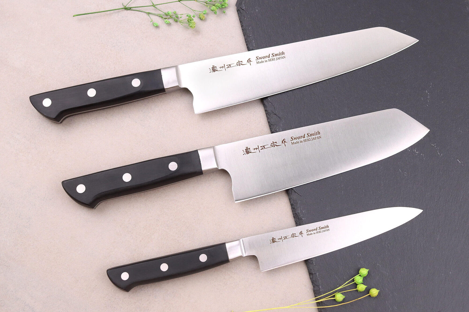 Coffret 3 couteaux japonais Satake Cutlery ABS bunka 20cm + bunka 17cm + universel 13,5cm