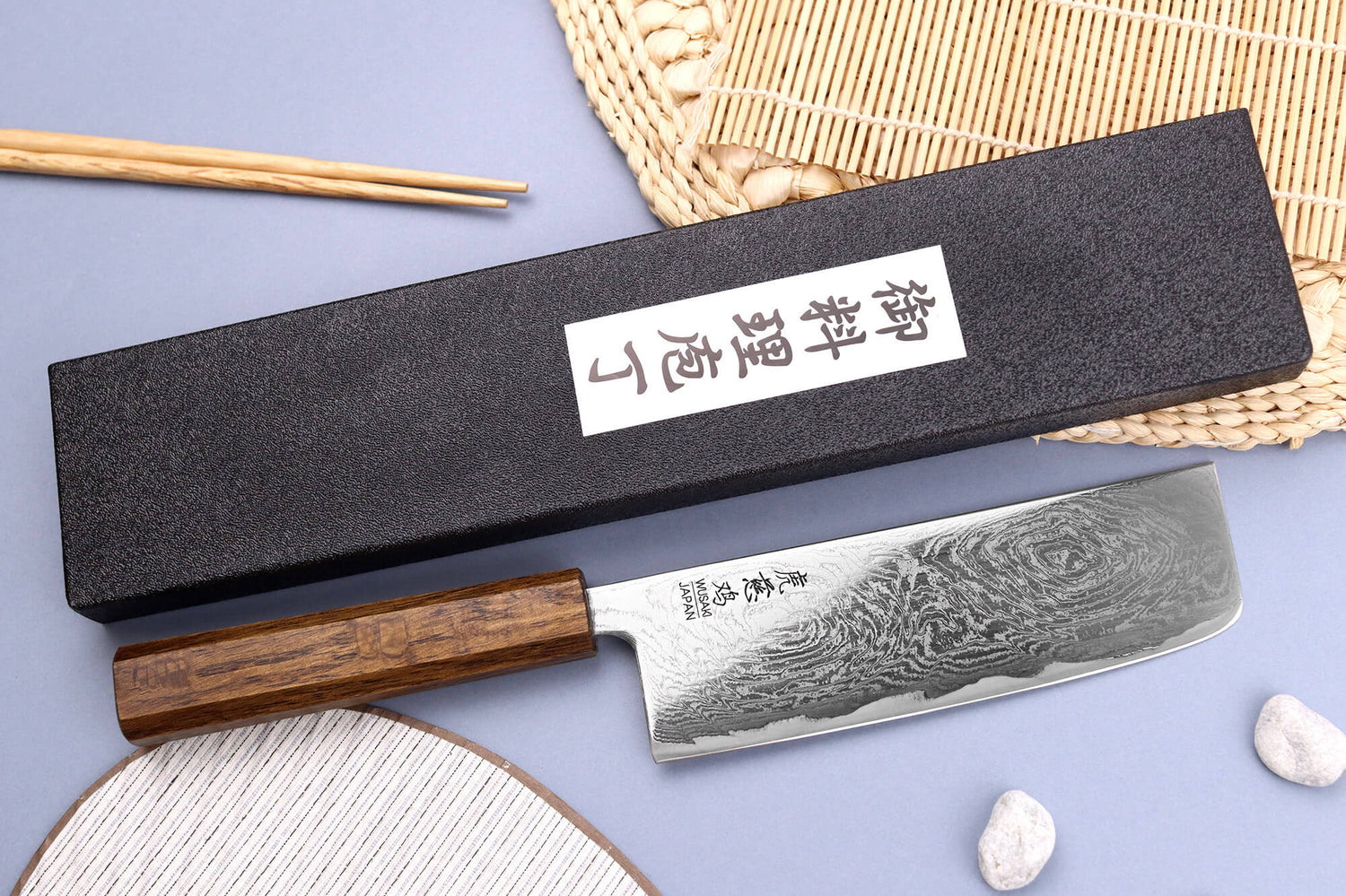 Couteau nakiri japonais artisanal Wusaki Unagi AUS10 damas 16,5cm manche chêne