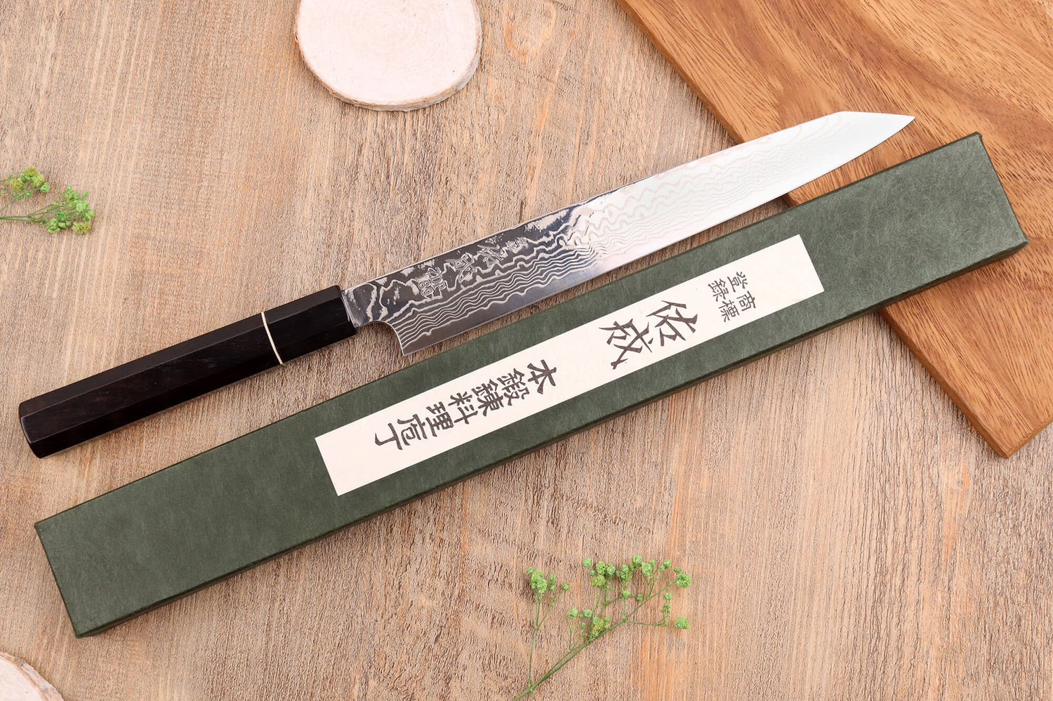 Couteau sujihiki kiritsuke 24cm japonais artisanal Sukenari ZDP-189 damas manche en ébène