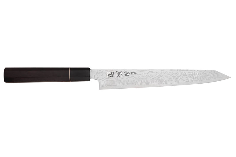 Couteau sujihiki kiritsuke 24cm japonais artisanal Sukenari ZDP-189 damas manche en ébène