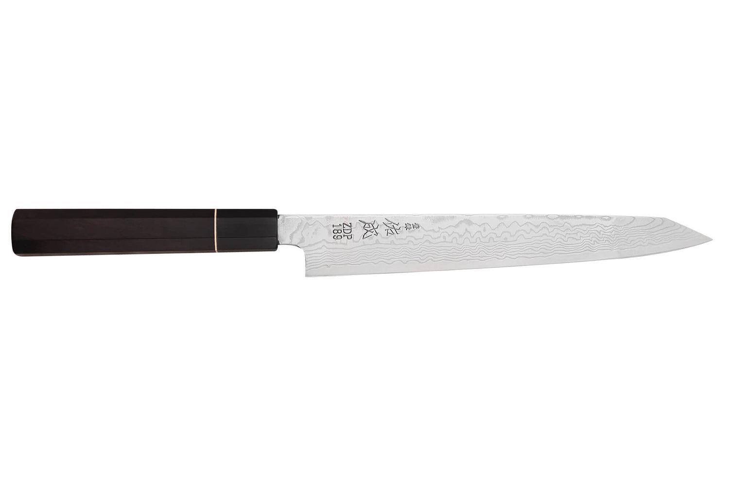 Couteau sujihiki kiritsuke 24cm japonais artisanal Sukenari ZDP-189 damas manche en ébène