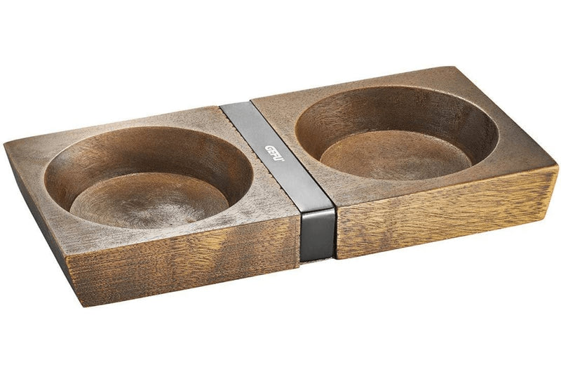 Présentoir de moulins Gefu X-Plosion taille L en bois d'acacia - 2 emplacements