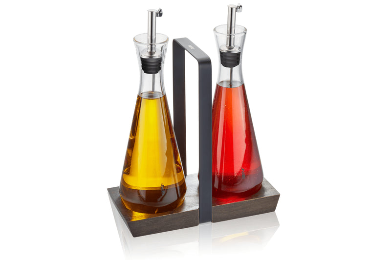 Set de 2 distributeurs à vinaigre et à huile Gefu X-Plosion en verre 250ml + support acacia