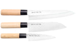 Coffret 3 couteaux japonais Satake Cutlery Tsuchime chef + santoku + deba