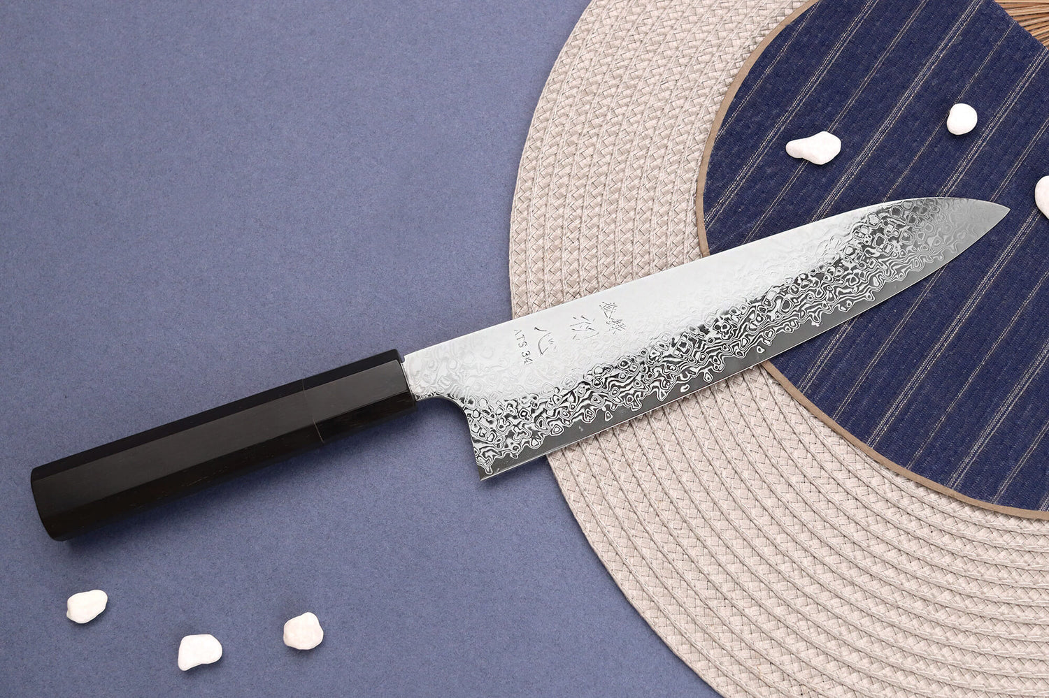 Couteau de chef 21cm japonais artisanal Hatsukokoro Ginga ATS-34 Damas ébène