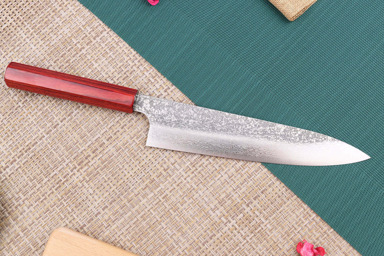 Couteau de chef japonais artisanal Kei Kobayashi SG2 Damas Heptagone 21cm