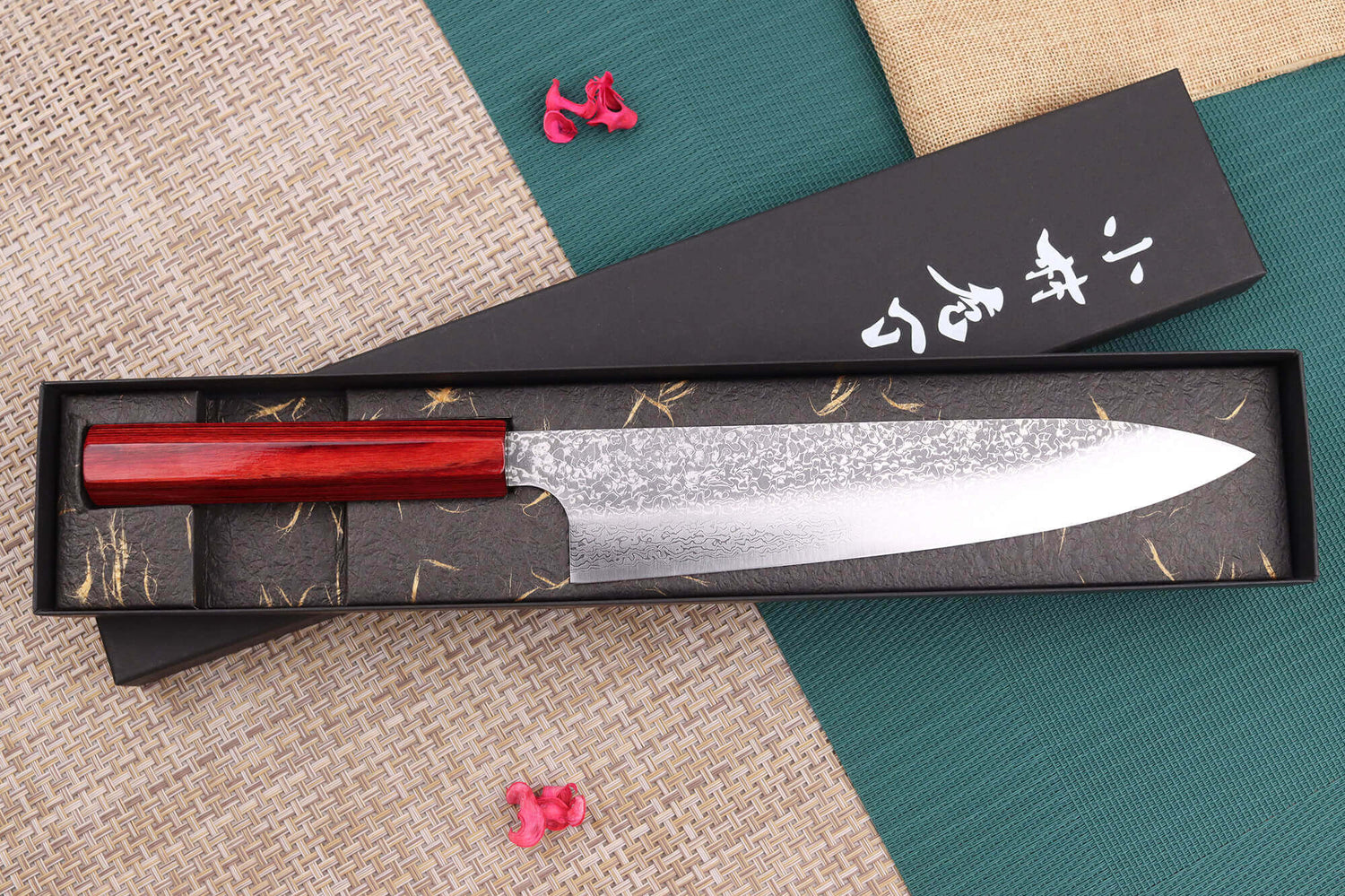 Couteau de chef japonais artisanal Kei Kobayashi SG2 Damas Heptagone 21cm