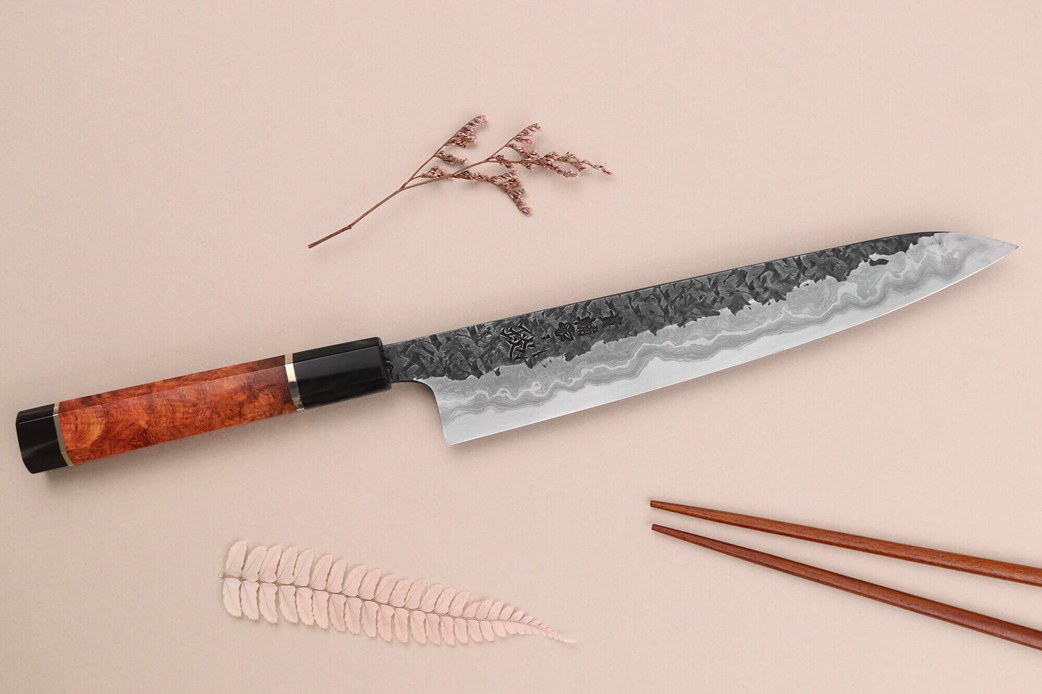 Couteau sujihiki 24cm japonais artisanal Kisuke Manaka Enn en cognassier avec 2 anneaux