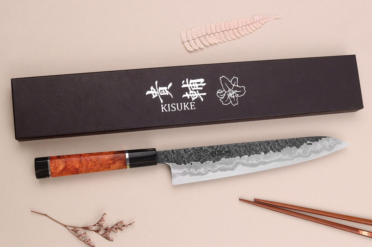 Couteau sujihiki 24cm japonais artisanal Kisuke Manaka Enn en cognassier avec 2 anneaux