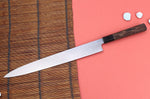 Couteau yanagiba 33cm japonais artisanal Hatsukokoro Shirasagi manche en wengé