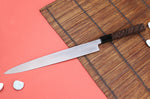 Couteau yanagiba 30cm japonais artisanal Hatsukokoro Shirasagi manche en wengé