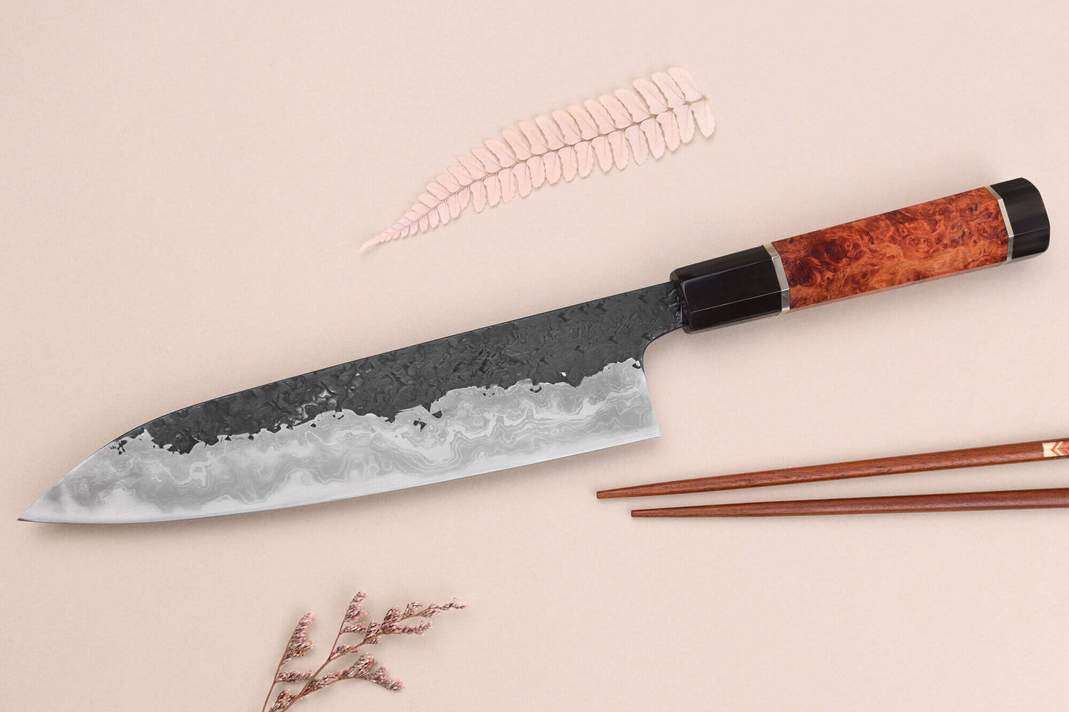 Couteau de chef 21cm japonais artisanal Kisuke Manaka Enn en cognassier avec 2 anneaux
