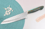 Couteau de chef 21cm japonais artisanal Nigara Hamono Migaki Tsuchime SG2 manche en turquoise