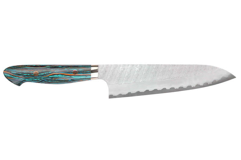 Couteau de chef 21cm japonais artisanal Nigara Hamono Migaki Tsuchime SG2 manche en turquoise