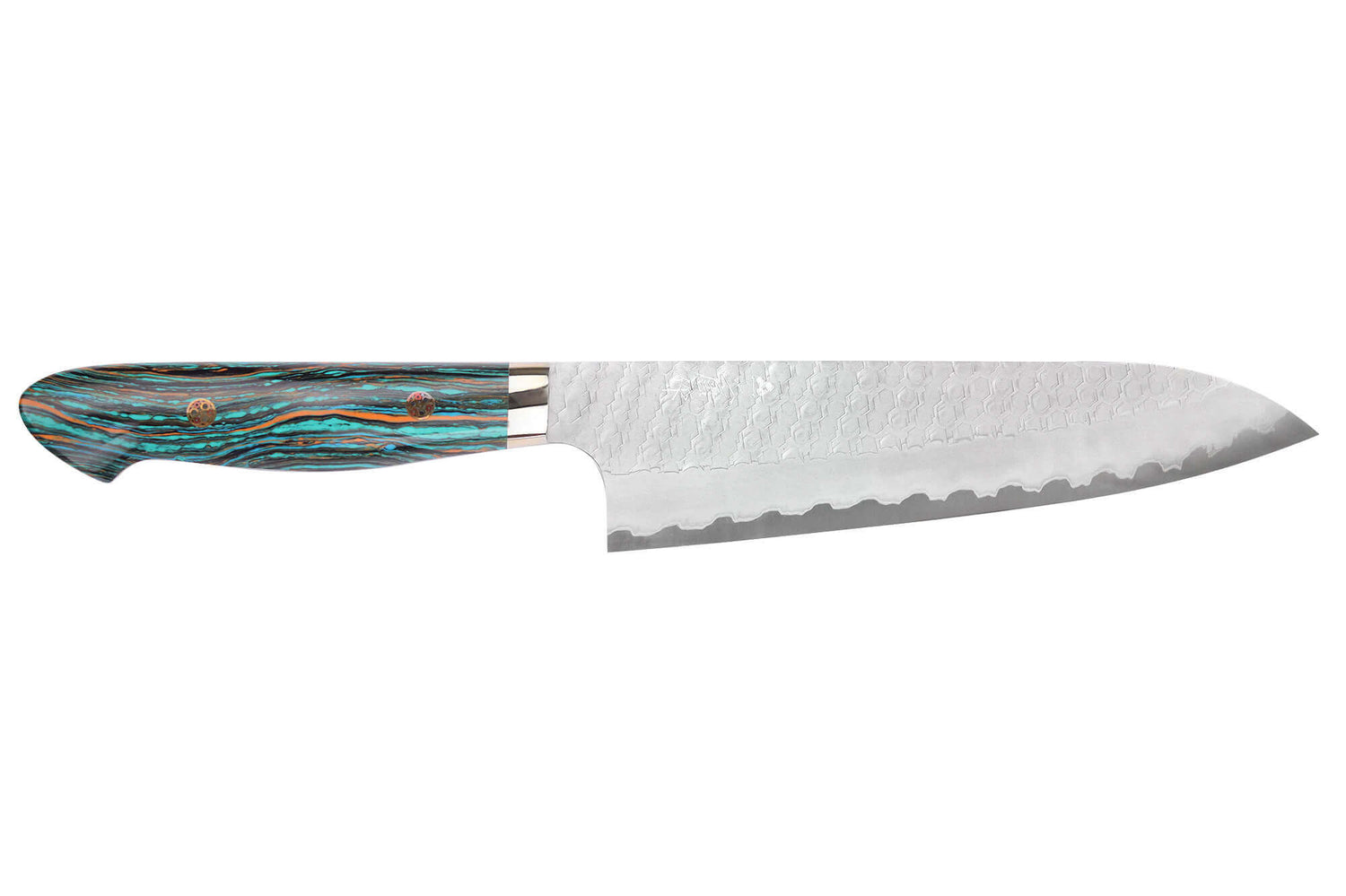 Couteau de chef 21cm japonais artisanal Nigara Hamono Migaki Tsuchime SG2 manche en turquoise