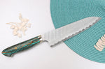 Couteau de chef 21cm japonais artisanal Nigara Hamono Migaki Tsuchime SG2 manche en turquoise