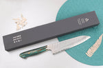 Couteau de chef 21cm japonais artisanal Nigara Hamono Migaki Tsuchime SG2 manche en turquoise