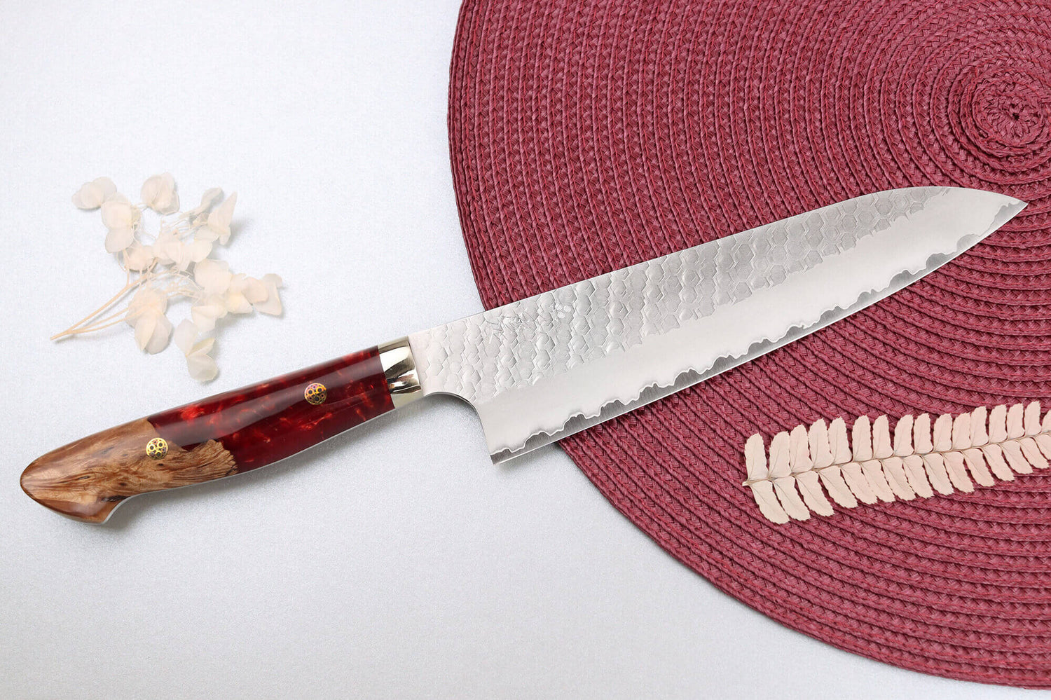 Couteau de chef 21cm japonais artisanal Nigara Hamono Migaki Tsuchime SG2 manche en acrylique