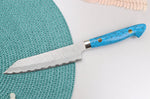Couteau universel 15cm japonais artisanal Nigara Hamono Migaki Tsuchime SG2 manche en turquoise