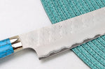 Couteau universel 15cm japonais artisanal Nigara Hamono Migaki Tsuchime SG2 manche en turquoise