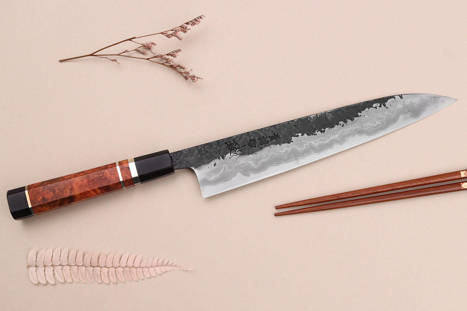 Couteau sujihiki 24cm japonais artisanal Kisuke Manaka Enn en cognassier avec 3 anneaux