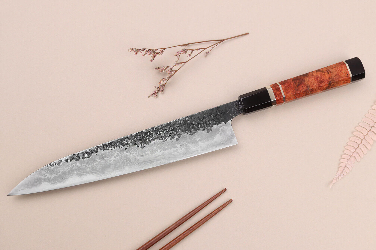 Couteau sujihiki 24cm japonais artisanal Kisuke Manaka Enn en cognassier avec 3 anneaux