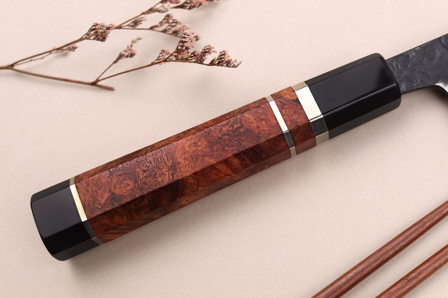 Couteau sujihiki 24cm japonais artisanal Kisuke Manaka Enn en cognassier avec 3 anneaux