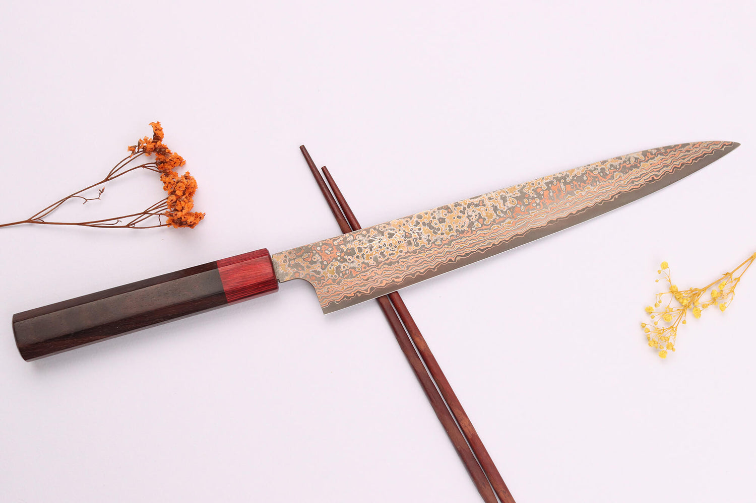 Couteau sujihiki 27cm japonais artisanal Takeshi Saji VG10 Rainbow Nashiji