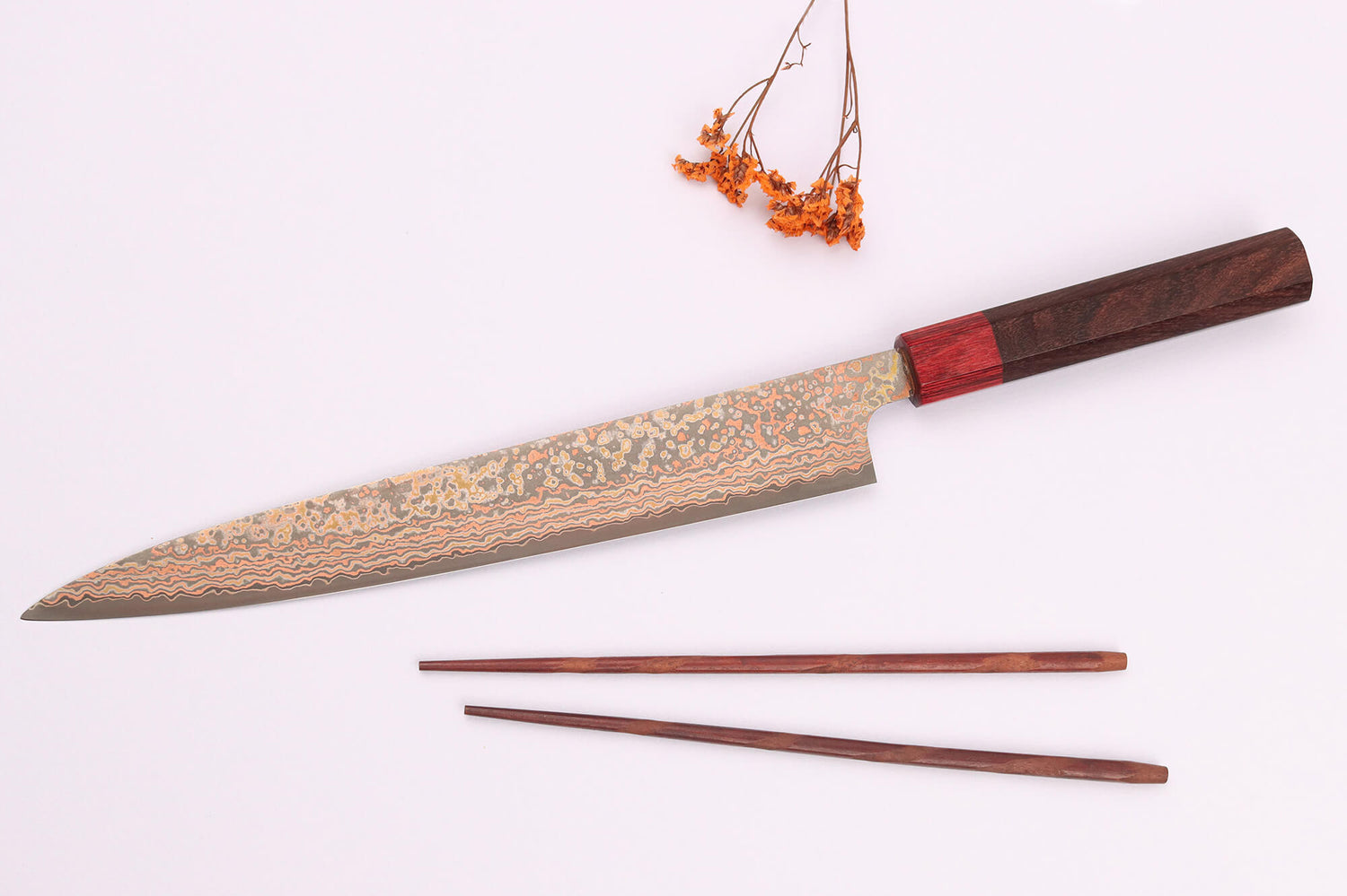 Couteau sujihiki 27cm japonais artisanal Takeshi Saji VG10 Rainbow Nashiji