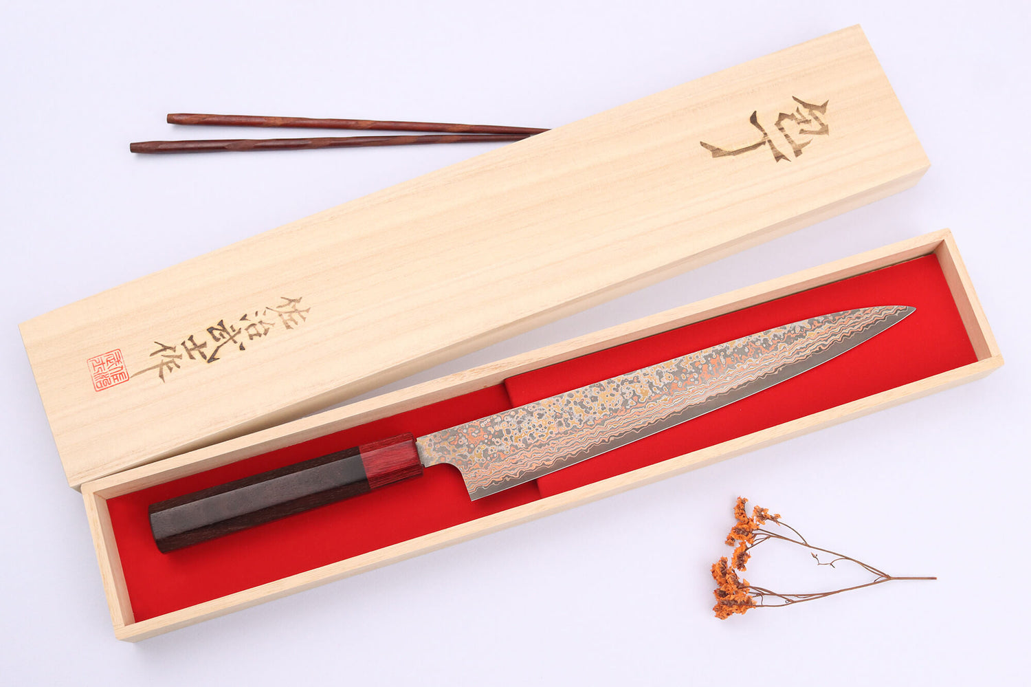 Couteau sujihiki 27cm japonais artisanal Takeshi Saji VG10 Rainbow Nashiji
