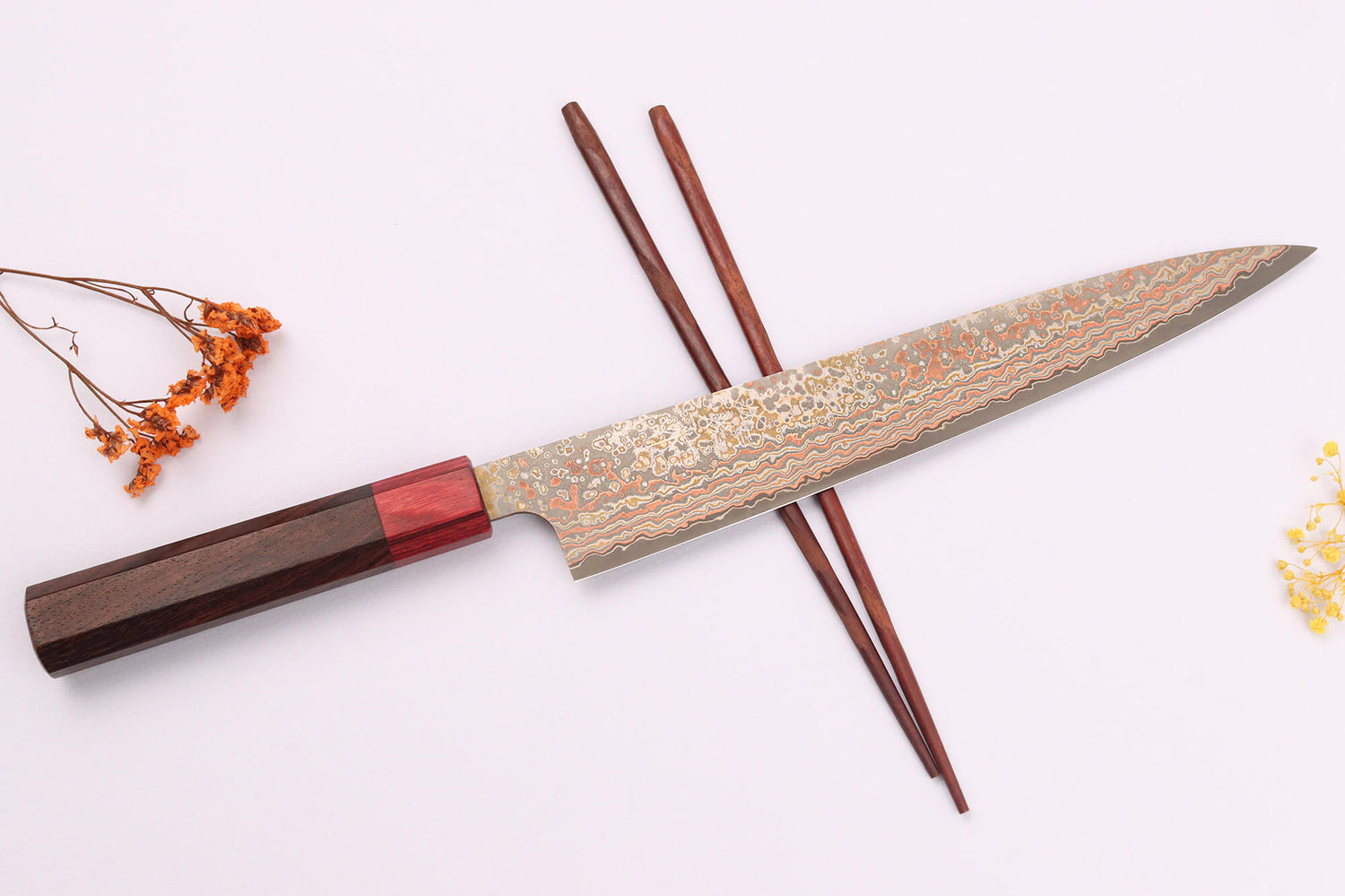 Couteau sujihiki 24cm japonais artisanal Takeshi Saji VG10 Rainbow Nashiji